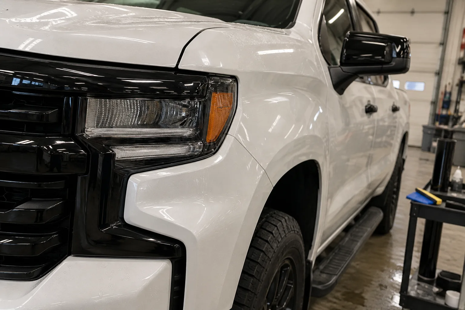 Close-up of gloss black chrome delete on the grille and window trim of a white Chevy Silverado inside a wrap shop