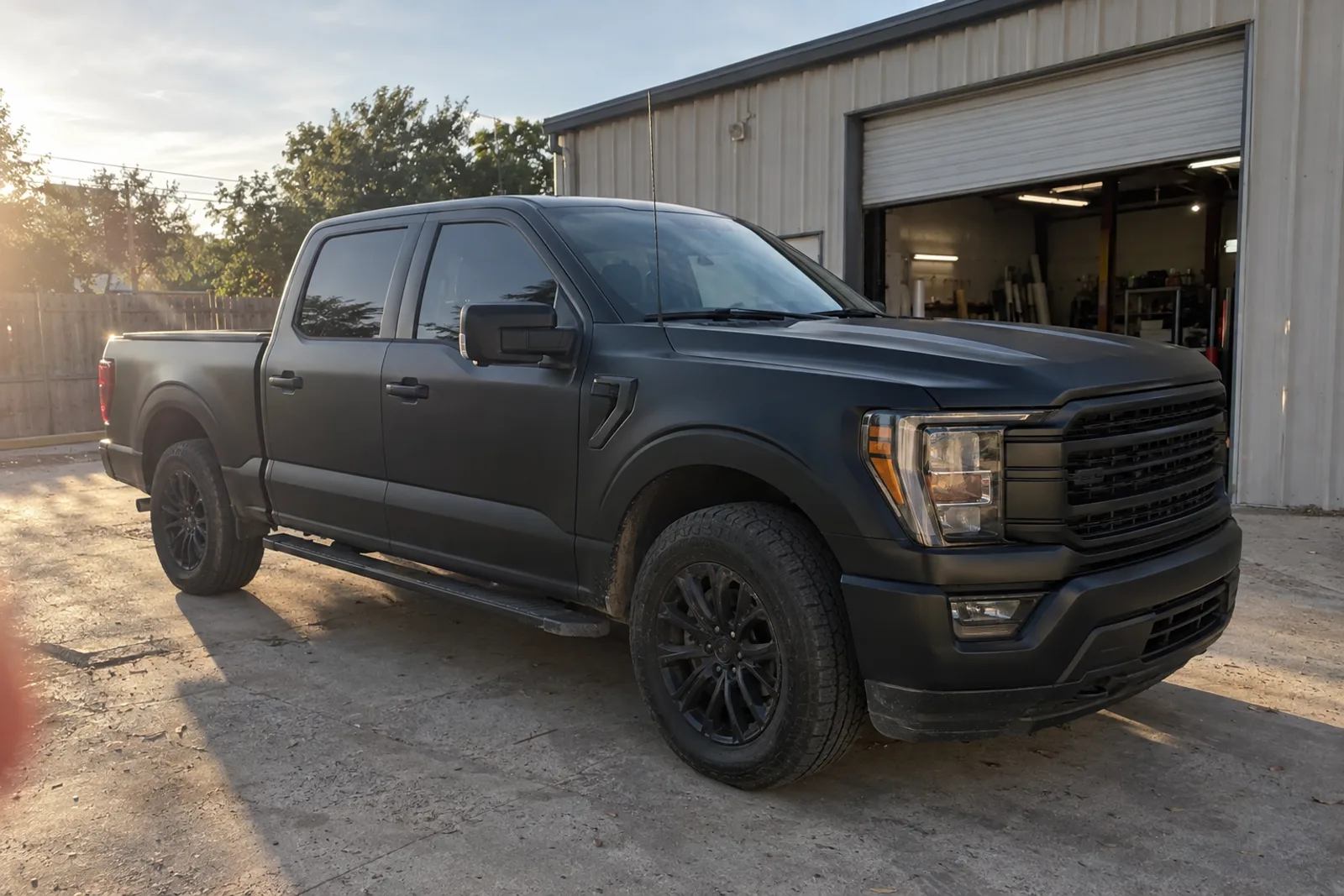 Ford F-150 wrapped in satin black vinyl parked outside a wrap shop bay in Waco